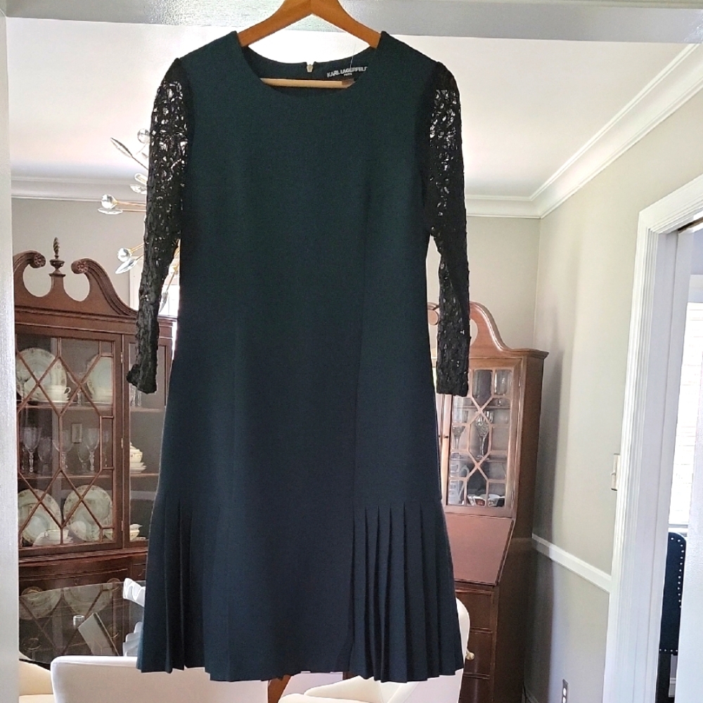 Karl Lagerfeld Green Pleated Long Sleeve A-line Dress